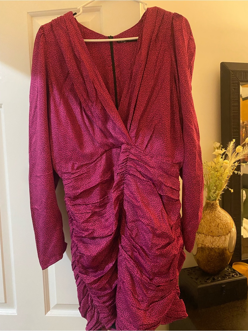 Zara Ruched V-Neck Long Sleeve Dress in Magenta